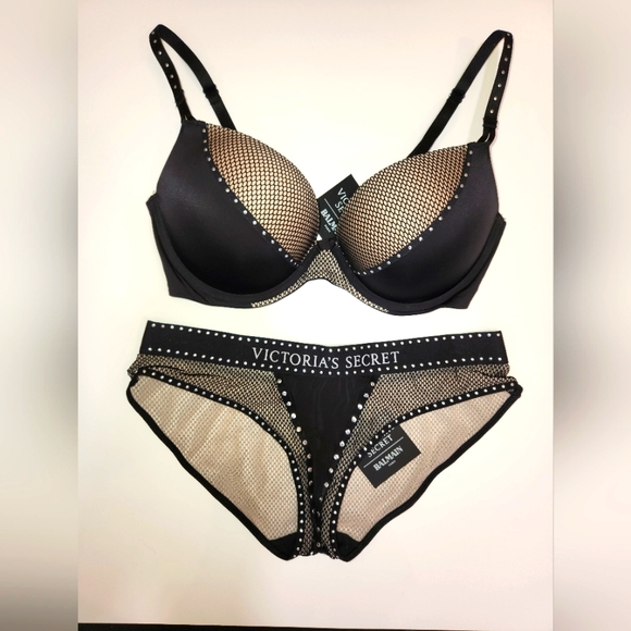 RARE NWT Balmain X Victoria's Secret fishnet bra and panty set size large! - Picture 2 of 11